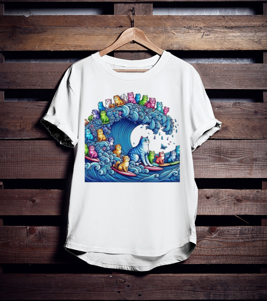 Cats Surfing In A Colorful Wave Bringing Joy T-Shirt