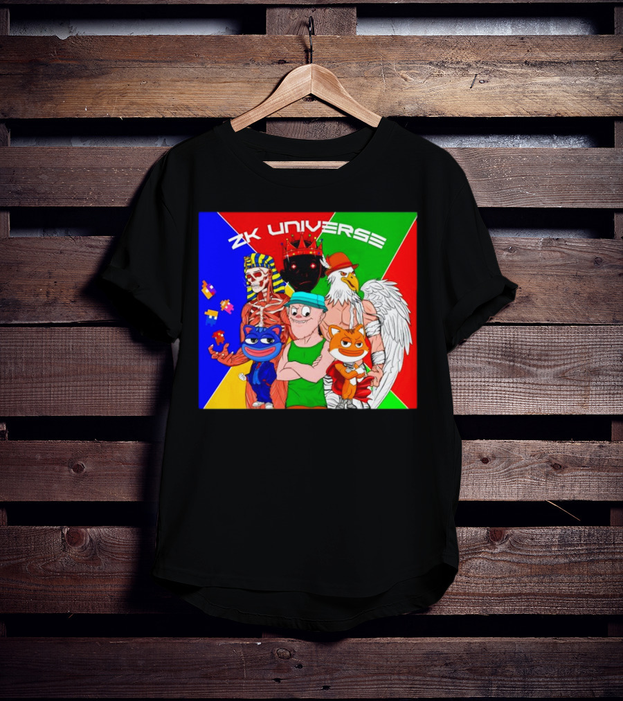 ZK Universe Colorful Characters With Pharaoh Skeleton, Crowned Figure, And Winged Eagle T-Shirt