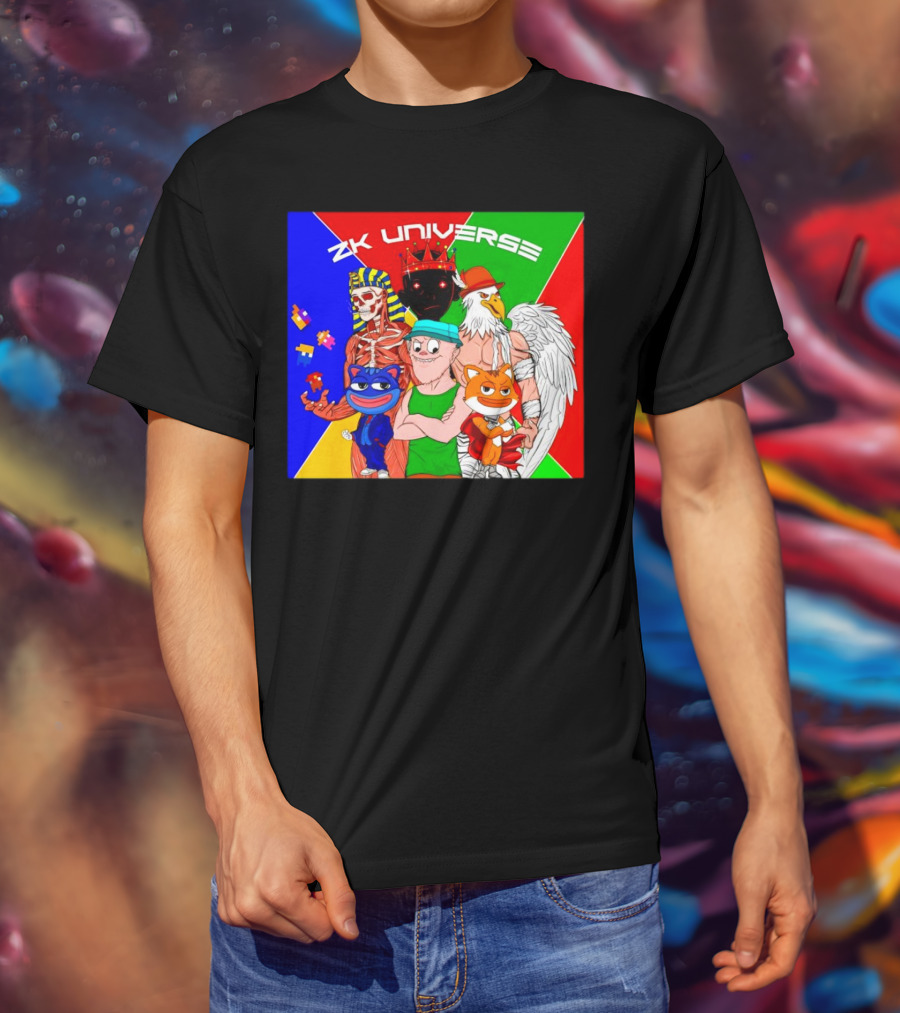ZK Universe Colorful Characters With Pharaoh Skeleton, Crowned Figure, And Winged Eagle T-Shirt