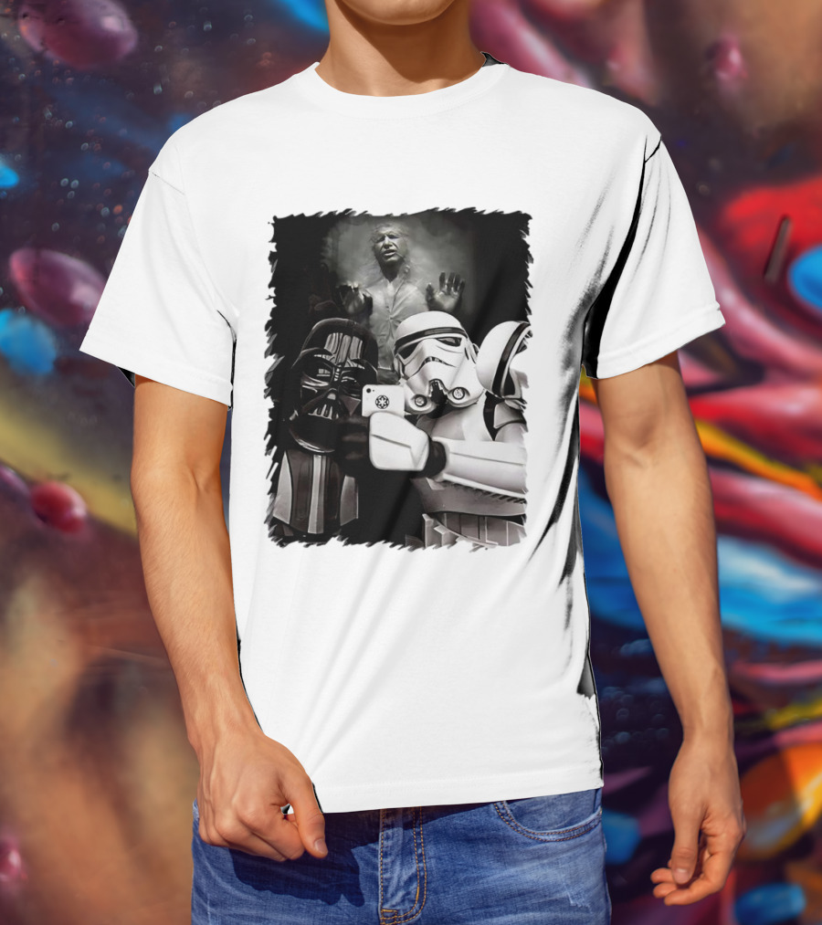 Star Wars Darth Vader And Stormtrooper Taking Selfie With Han Solo Frozen In Carbonite T-Shirt
