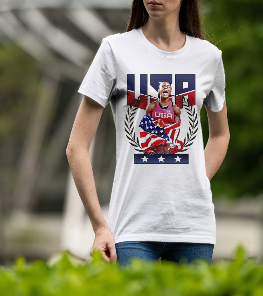 USA Sha’Carri Richardson Gold Medal Celebration American Flag T-Shirt