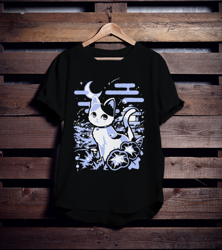 A Cat Amidst Moonlit Fireflies And Stars T-Shirt