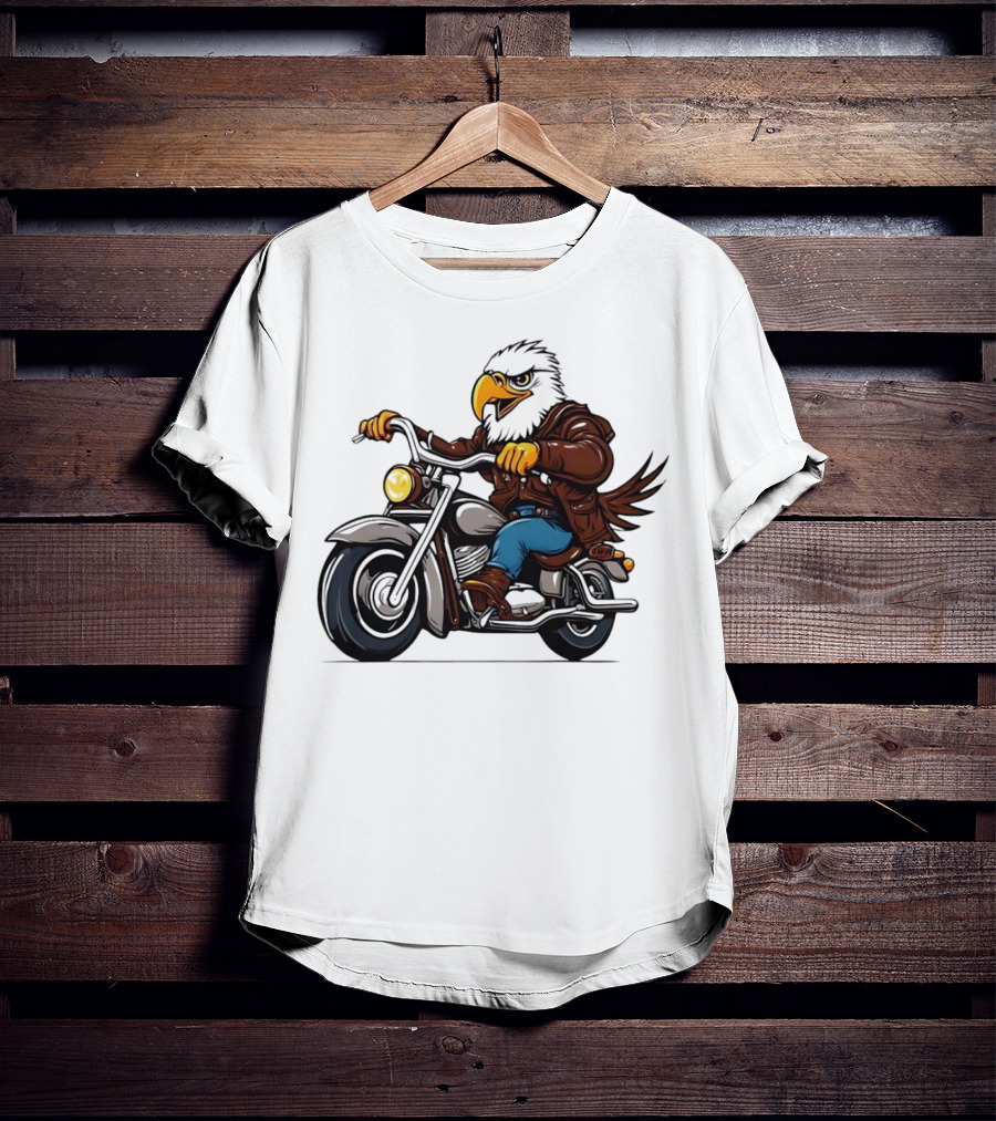 Eagle Riding Motorcycle In Brown Jacket And Blue Jeans T-Shirt