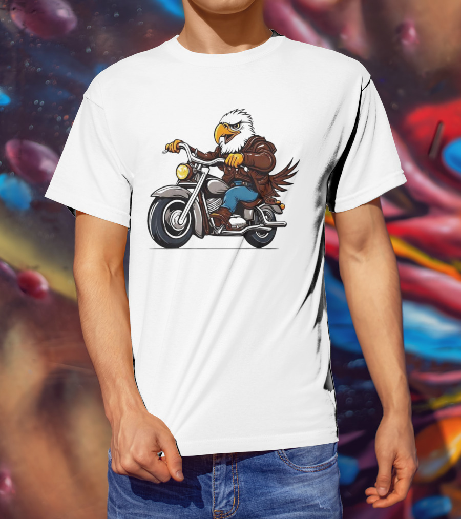 Eagle Riding Motorcycle In Brown Jacket And Blue Jeans T-Shirt
