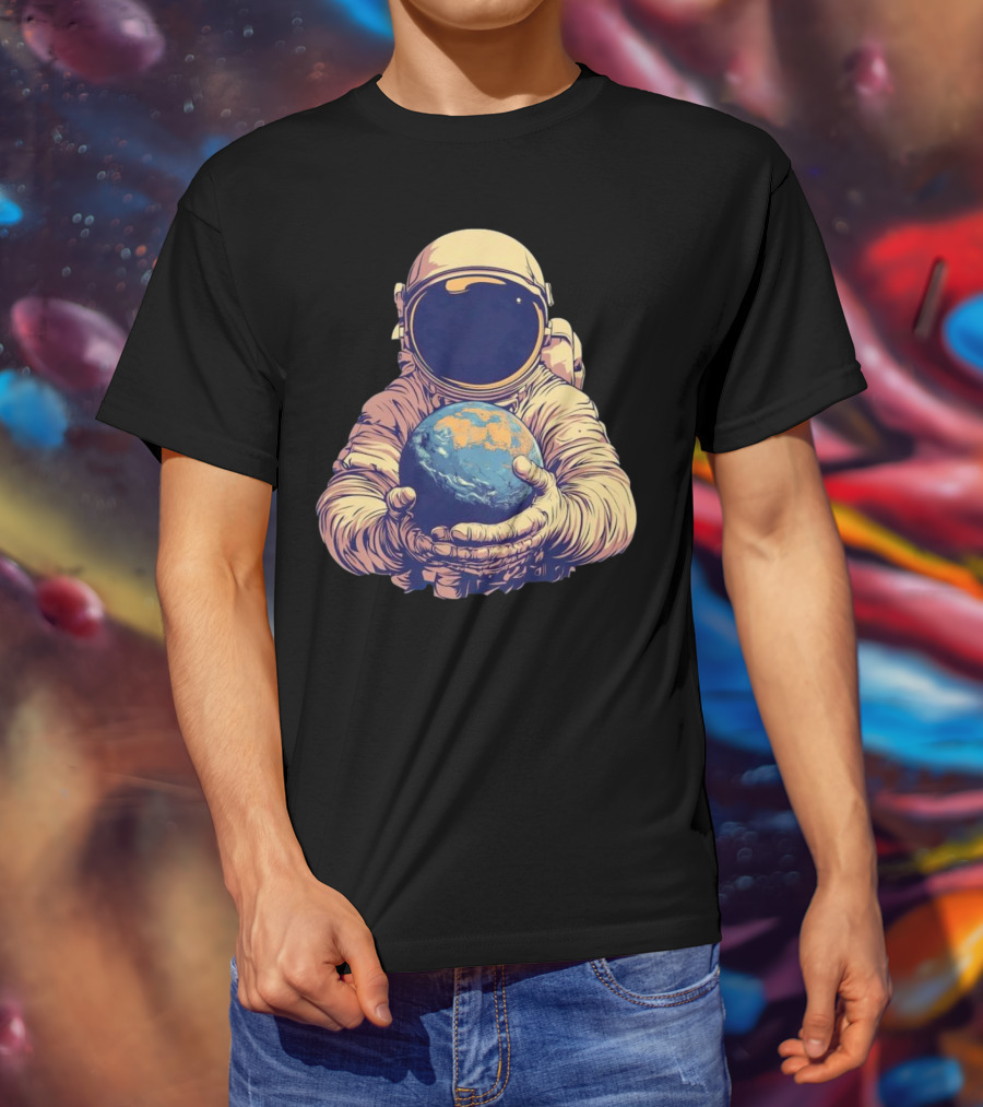 Astronaut Embracing Planet Earth Cosmic Guardians Of Home T-Shirt