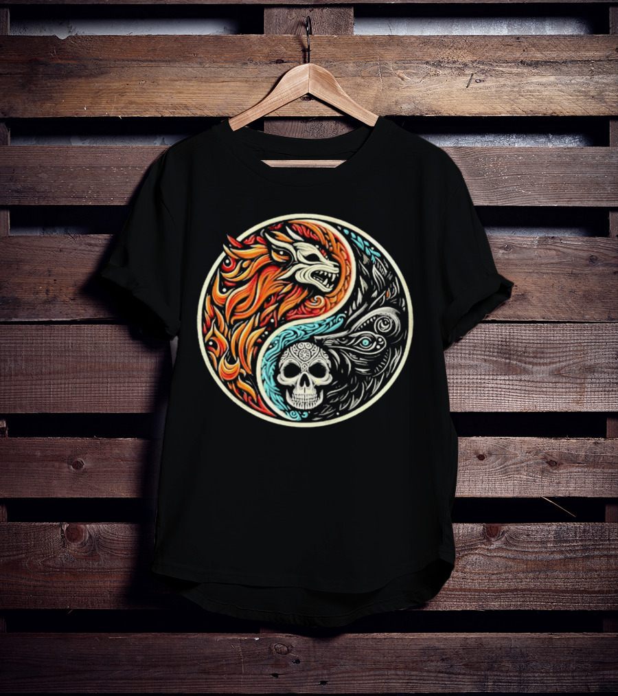Wolf Warrior Yin Yang Skull Flame Elements T-Shirt
