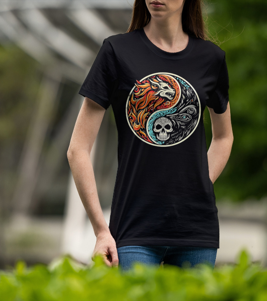 Wolf Warrior Yin Yang Skull Flame Elements T-Shirt
