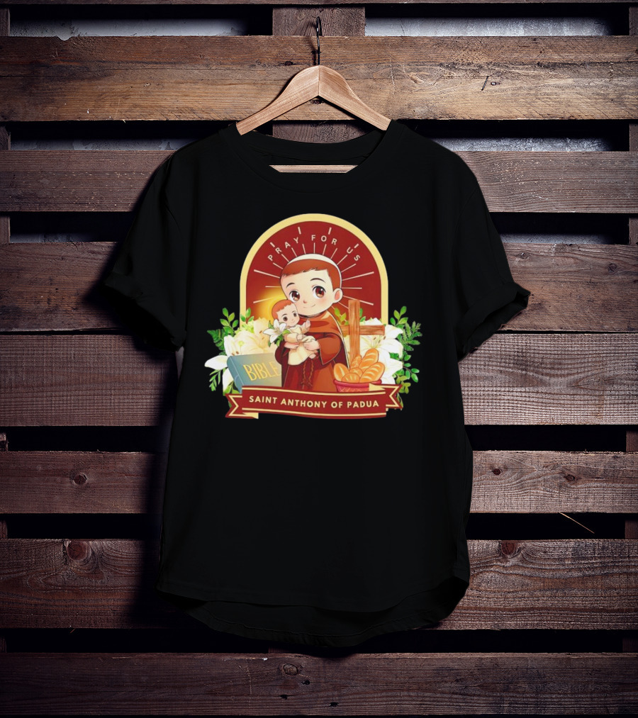 Saint Anthony Of Padua Pray For Us Cartoon With Bible And Bread T-Shirt