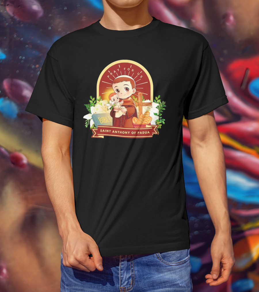 Saint Anthony Of Padua Pray For Us Cartoon With Bible And Bread T-Shirt