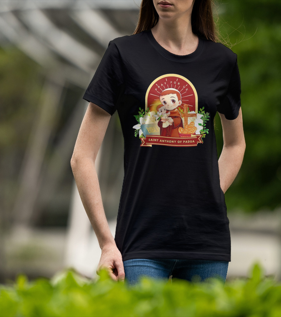Saint Anthony Of Padua Pray For Us Cartoon With Bible And Bread T-Shirt