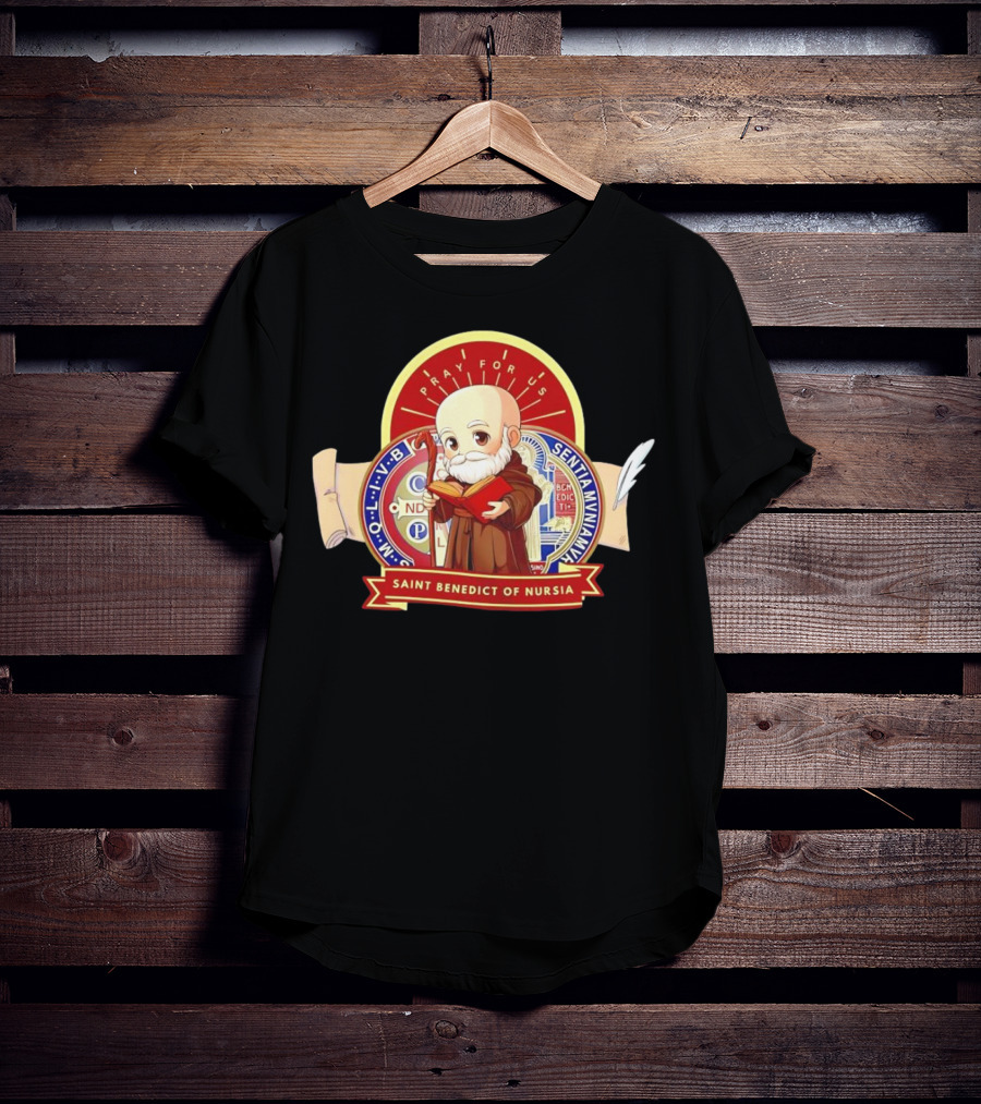Saint Benedict Of Nursia Pray For Us Cartoon M O L I V B Senitas Munian E I V B Benedict II O S Smqlv X O P S V R S M Q L I V B P A X C S P B T-Shirt