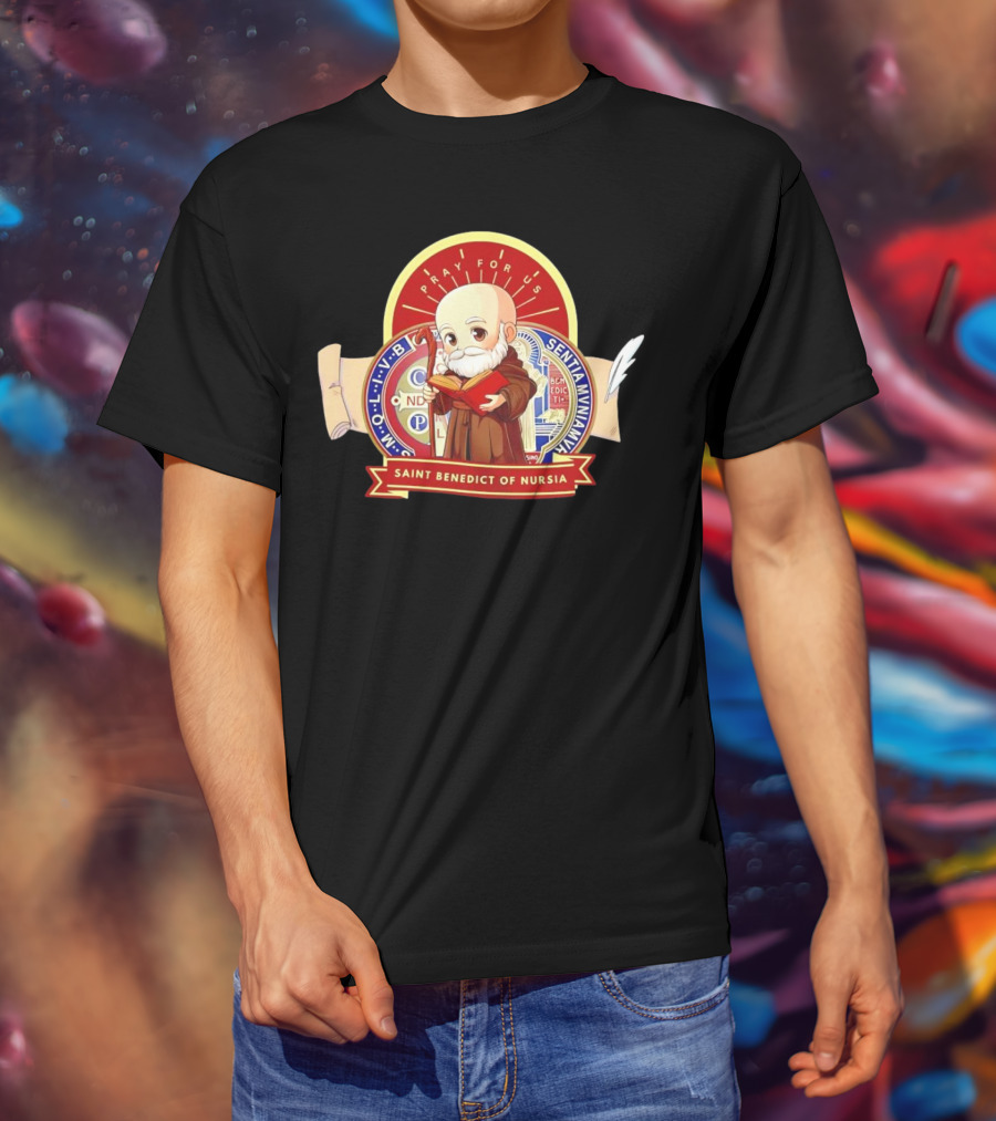 Saint Benedict Of Nursia Pray For Us Cartoon M O L I V B Senitas Munian E I V B Benedict II O S Smqlv X O P S V R S M Q L I V B P A X C S P B T-Shirt