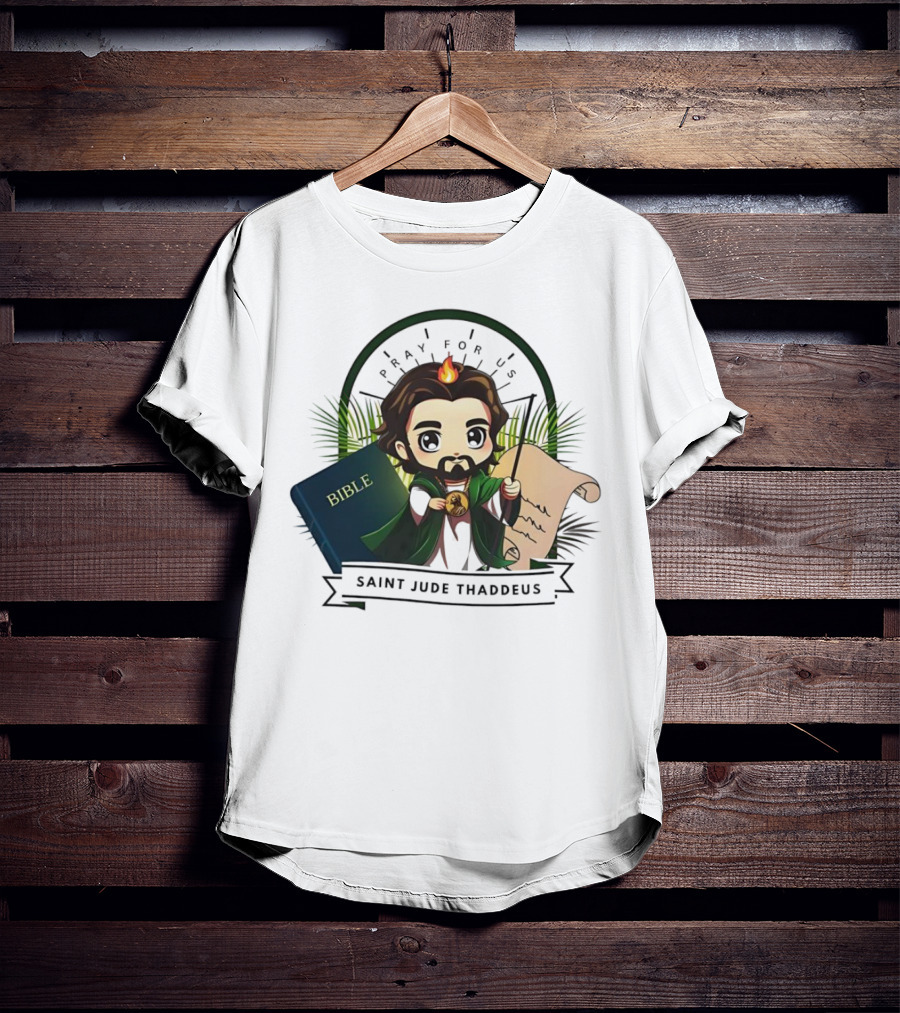 Saint Jude Thaddeus Pray For Us Cartoon Bible Scroll Flame T-Shirt