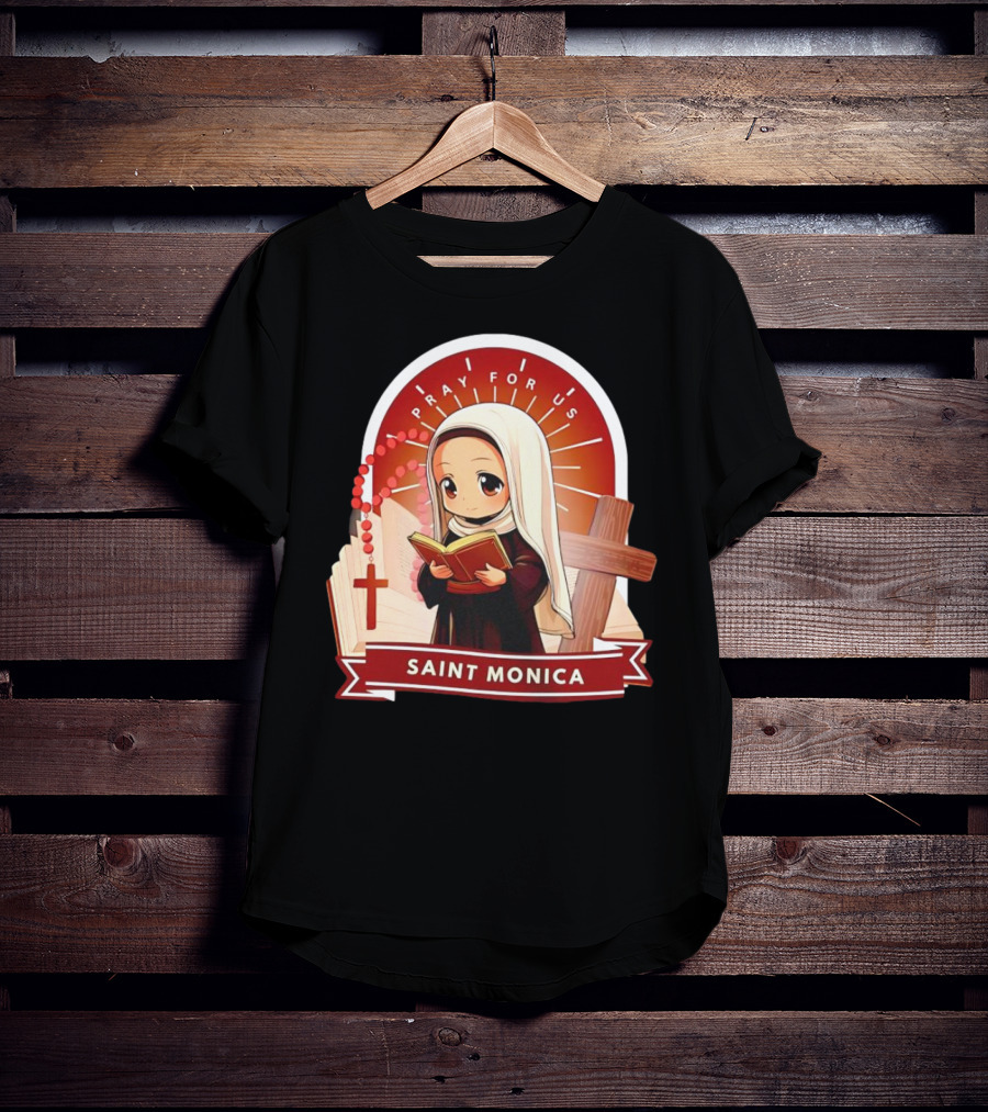 Saint Monica Pray For Us Cartoon Hippo Theme With Book And Cross T-Shirt