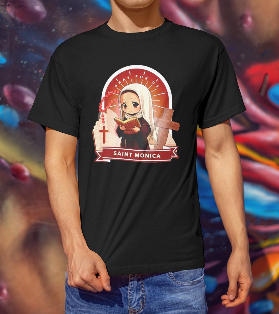 Saint Monica Pray For Us Cartoon Hippo Theme With Book And Cross T-Shirt