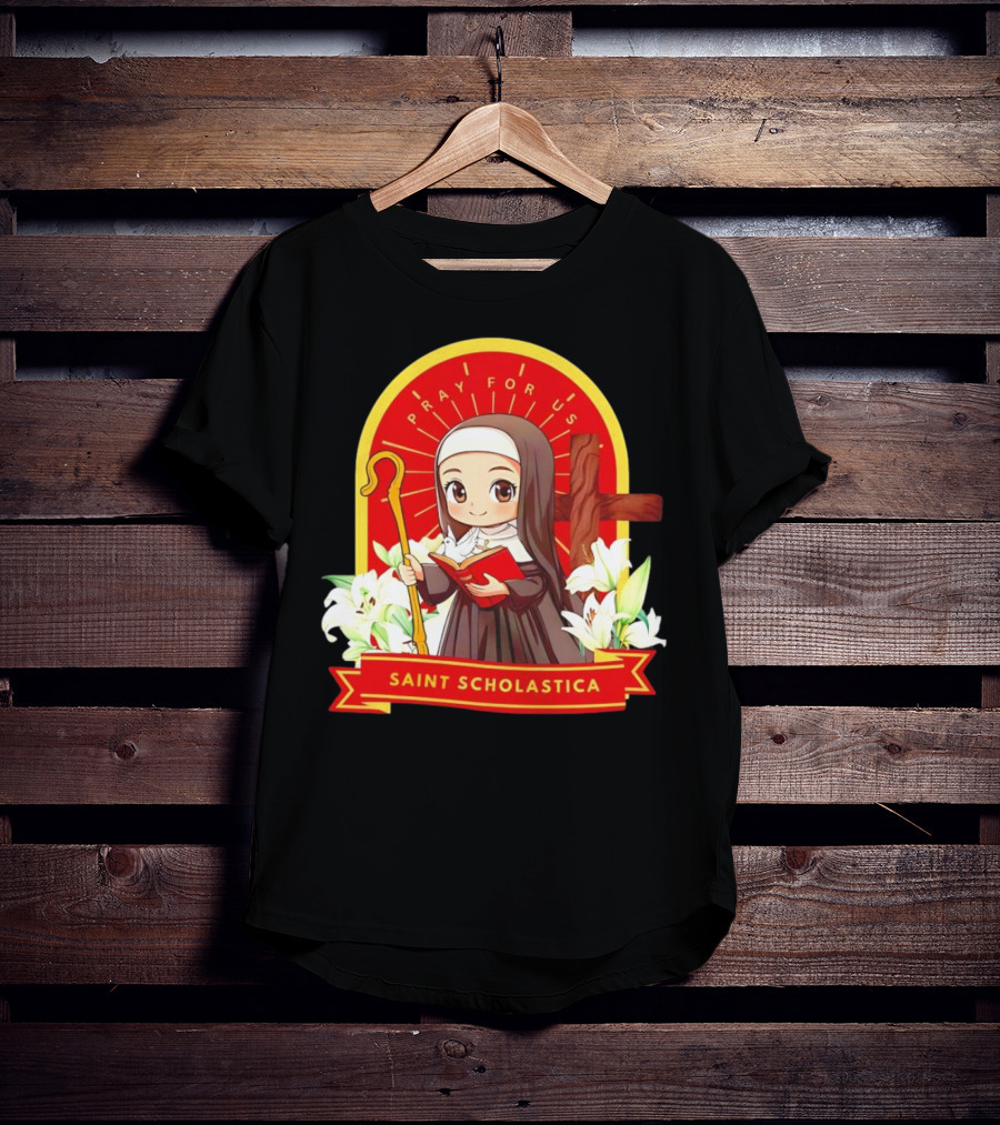 Saint Scholastica Pray For Us Cartoon Cute Nun Illustration With Cross And Flowers T-Shirt