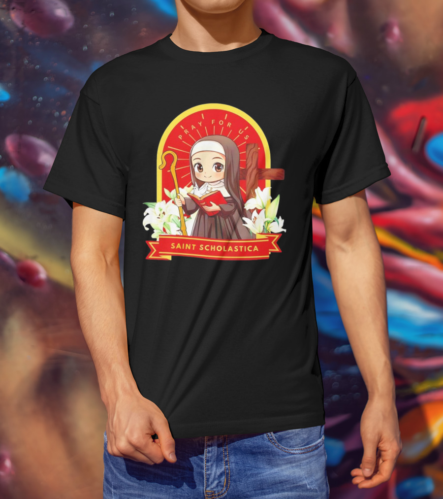 Saint Scholastica Pray For Us Cartoon Cute Nun Illustration With Cross And Flowers T-Shirt