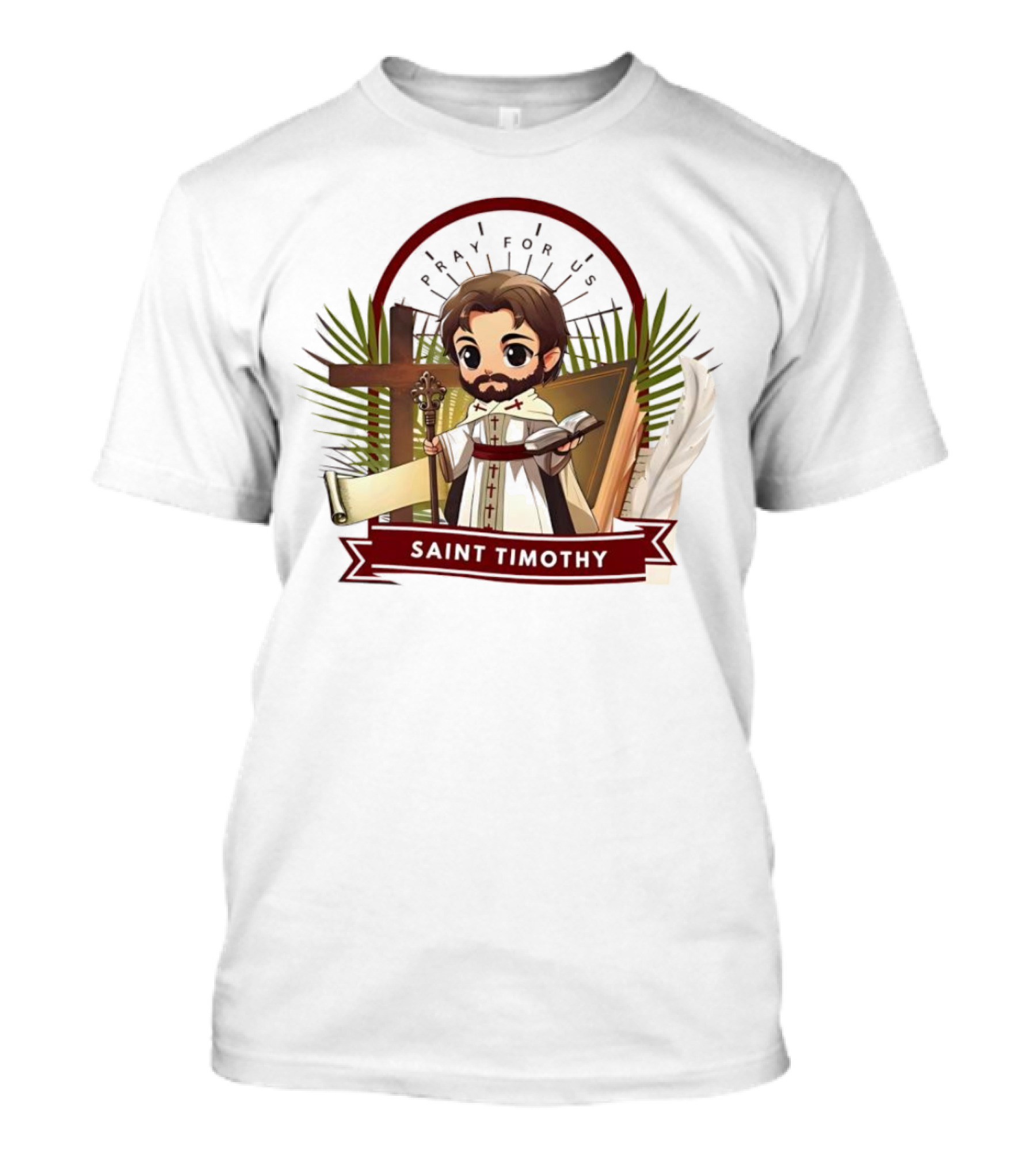 Saint Timothy Pray For Us Cartoon With Cross And Feather Motif T-Shirt