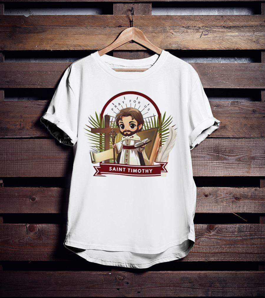 Saint Timothy Pray For Us Cartoon With Cross And Feather Motif T-Shirt