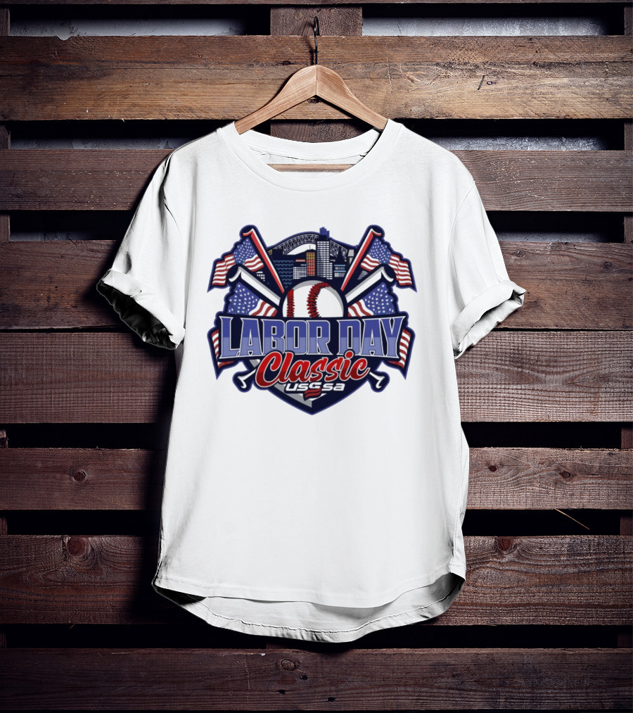 Labor Day Classic USSSA Baseball Crossed Bats And American Flag Themed Shield Logo T-Shirt
