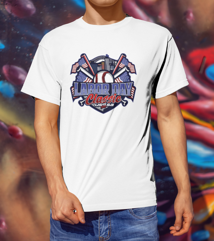 Labor Day Classic USSSA Baseball Crossed Bats And American Flag Themed Shield Logo T-Shirt