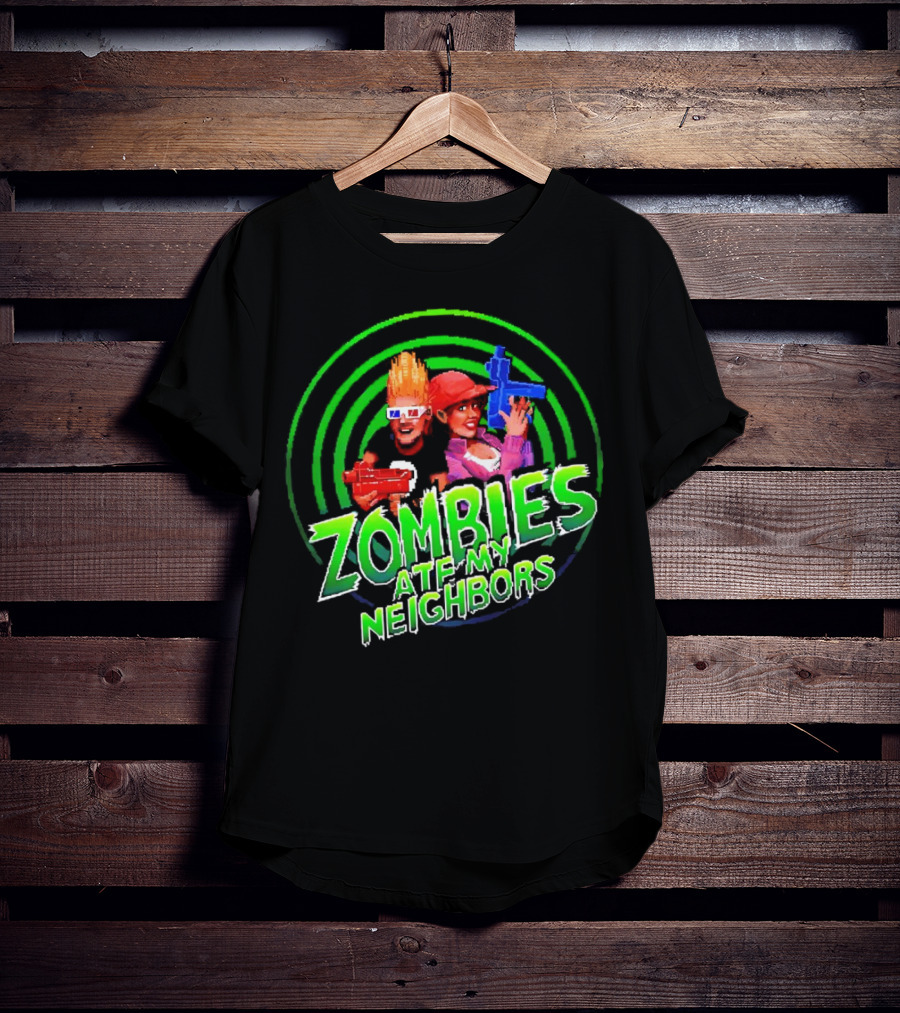 Zombies Ate My Neighbors Zombie Hunters Game Retro Style 90s Arcade Action Kids With Toy Blasters T-Shirt