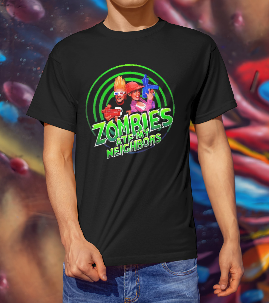 Zombies Ate My Neighbors Zombie Hunters Game Retro Style 90s Arcade Action Kids With Toy Blasters T-Shirt