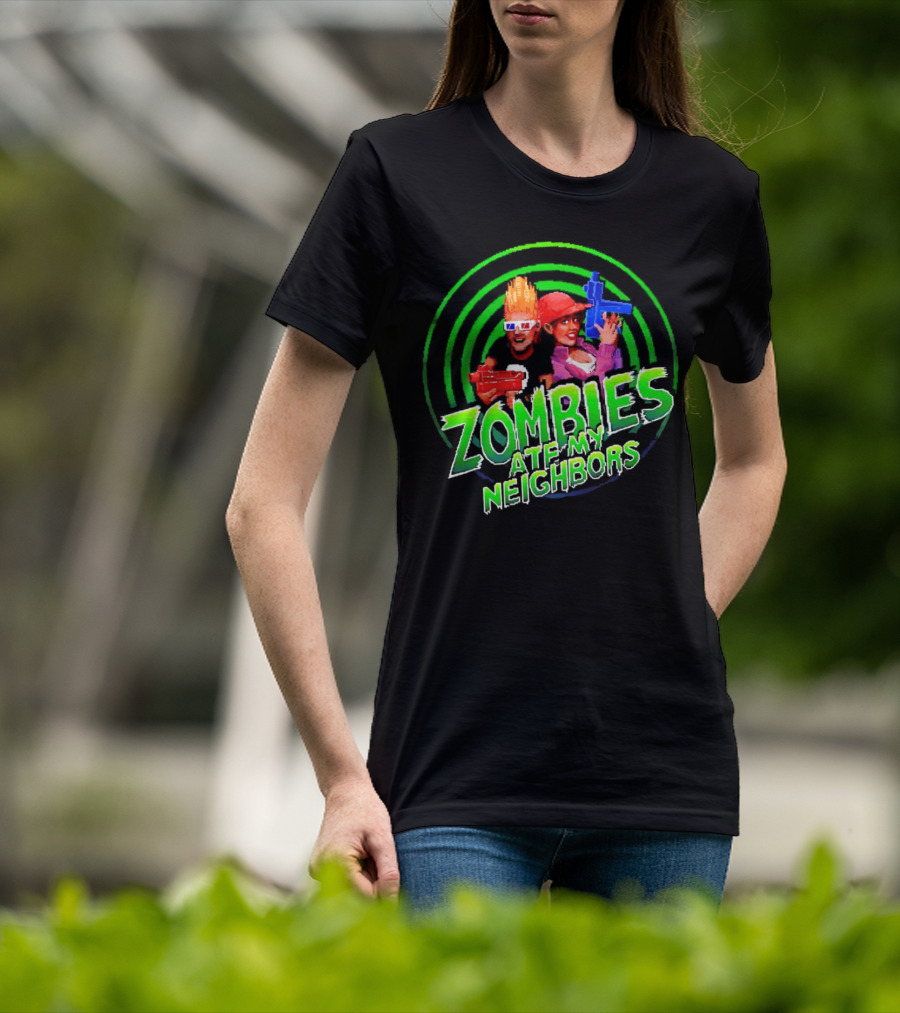 Zombies Ate My Neighbors Zombie Hunters Game Retro Style 90s Arcade Action Kids With Toy Blasters T-Shirt