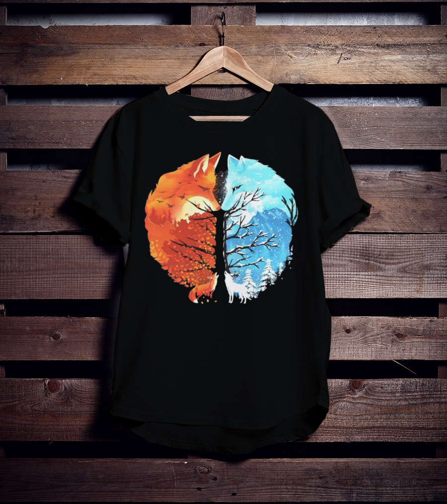 Fire And Ice Fox Dual Seasons Tree T-Shirt
