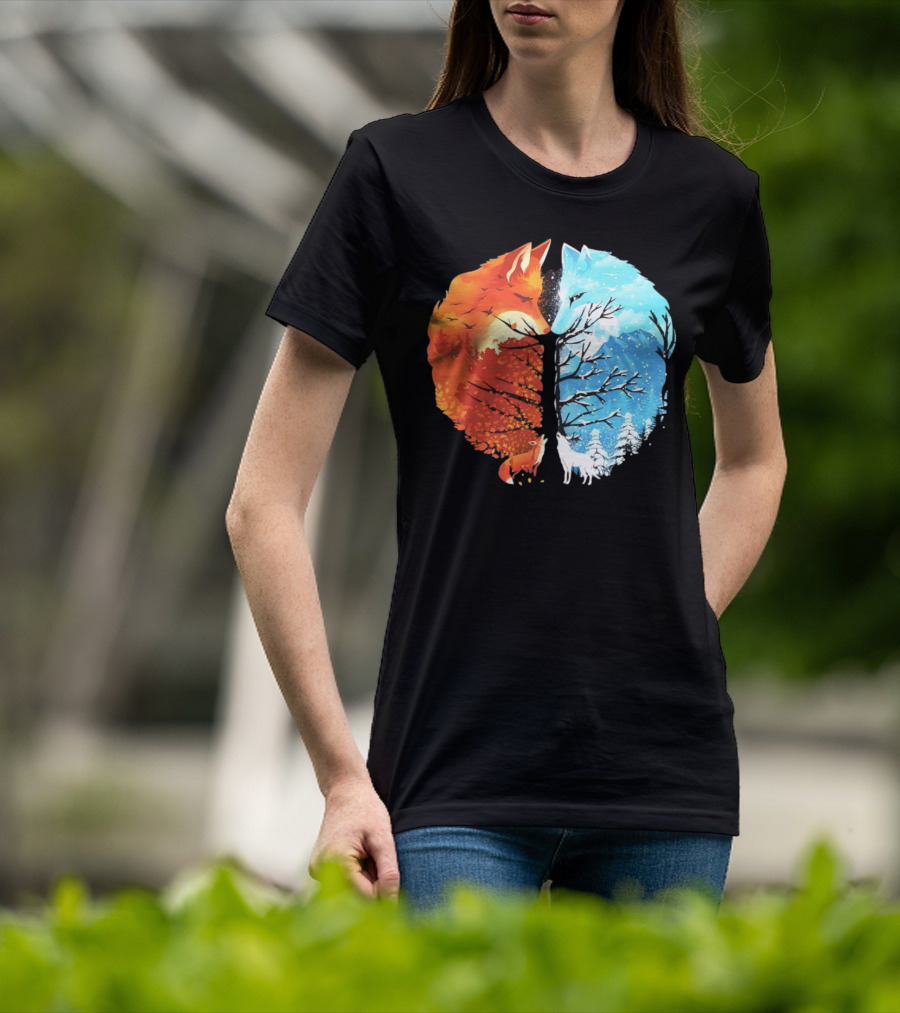 Fire And Ice Fox Dual Seasons Tree T-Shirt