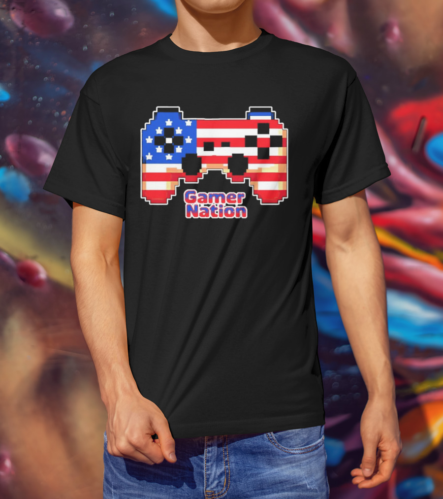American Flag Pixel Art Gamer Nation Controller T-Shirt