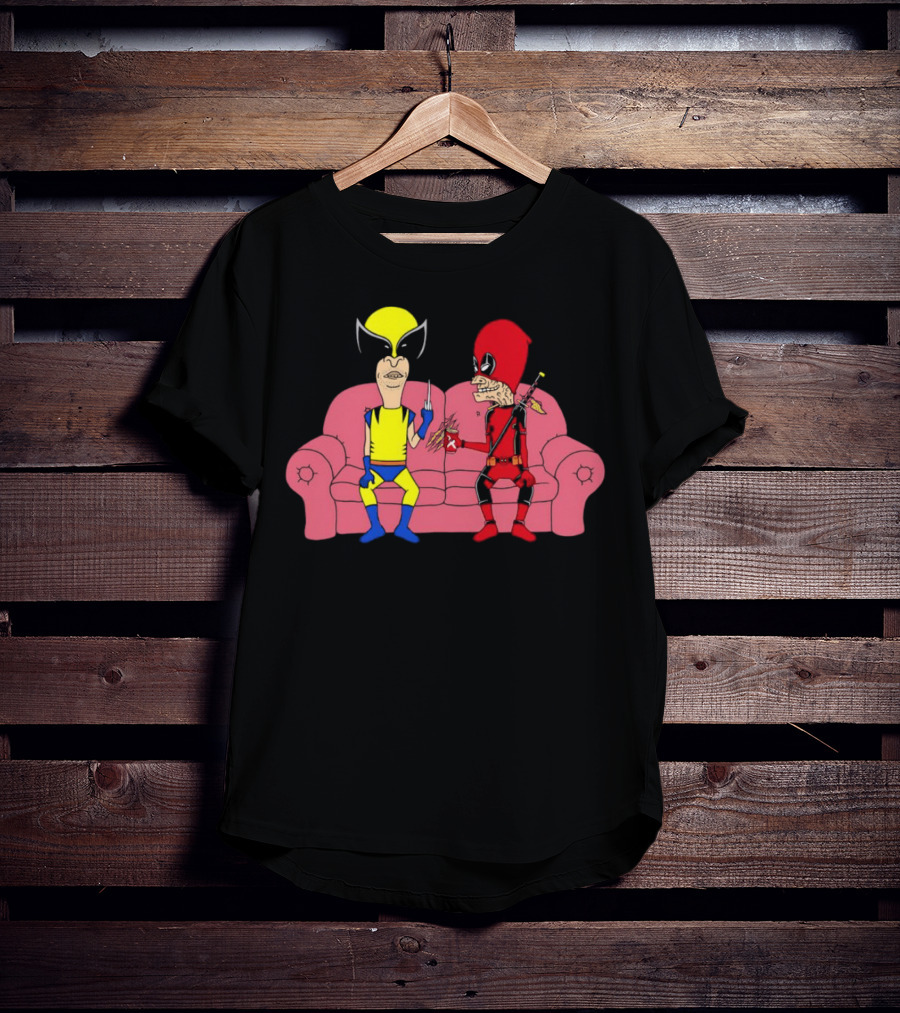Beavis And Butt-Head X Deadpool And Wolverine Characters Crossover Cartoon Sitting On Couch T-Shirt
