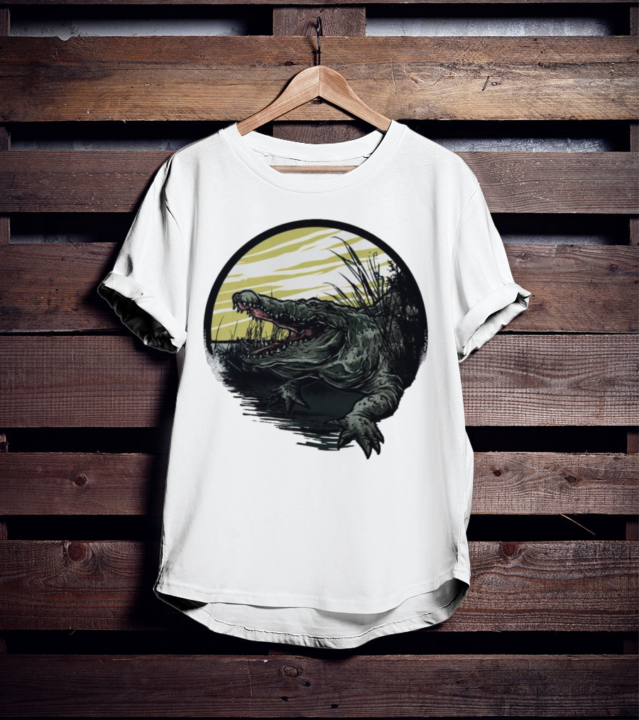 Crocodile Emerging From Water With Yellow Sky And Reeds T-Shirt