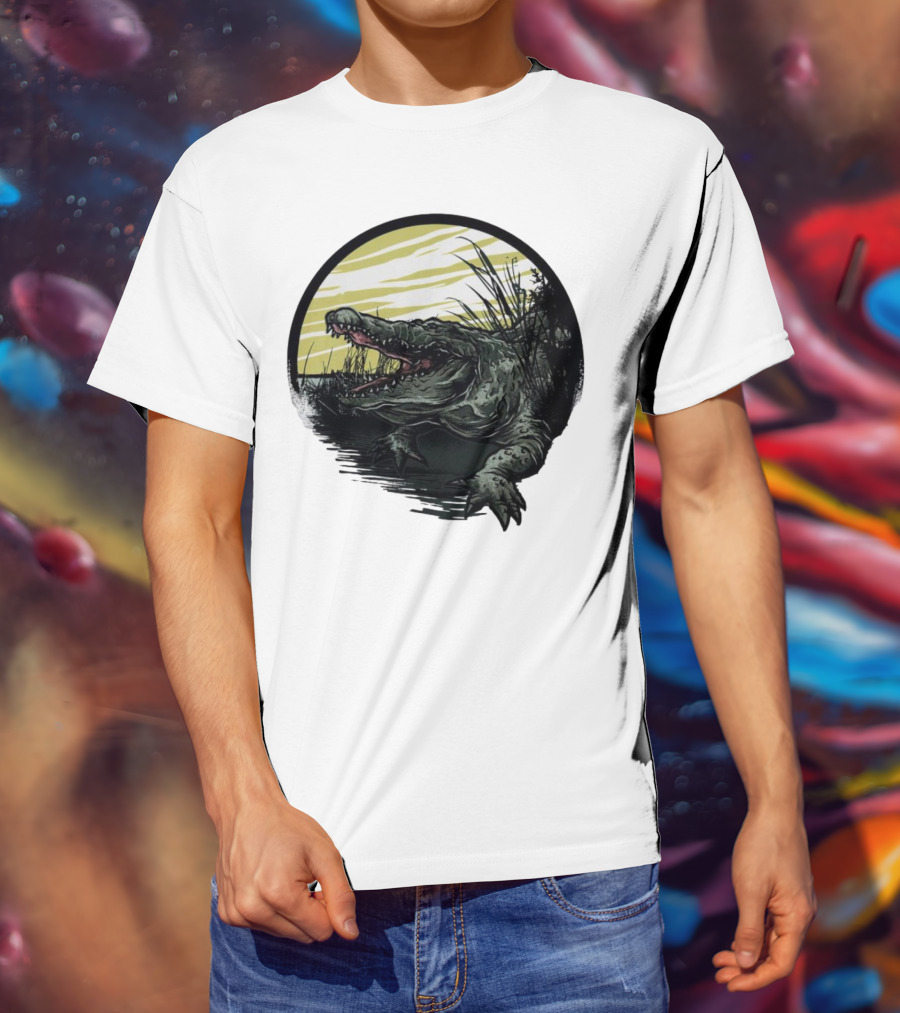 Crocodile Emerging From Water With Yellow Sky And Reeds T-Shirt