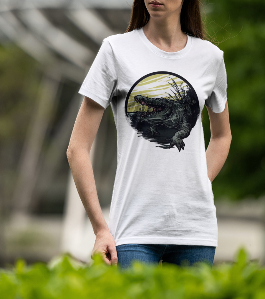 Crocodile Emerging From Water With Yellow Sky And Reeds T-Shirt