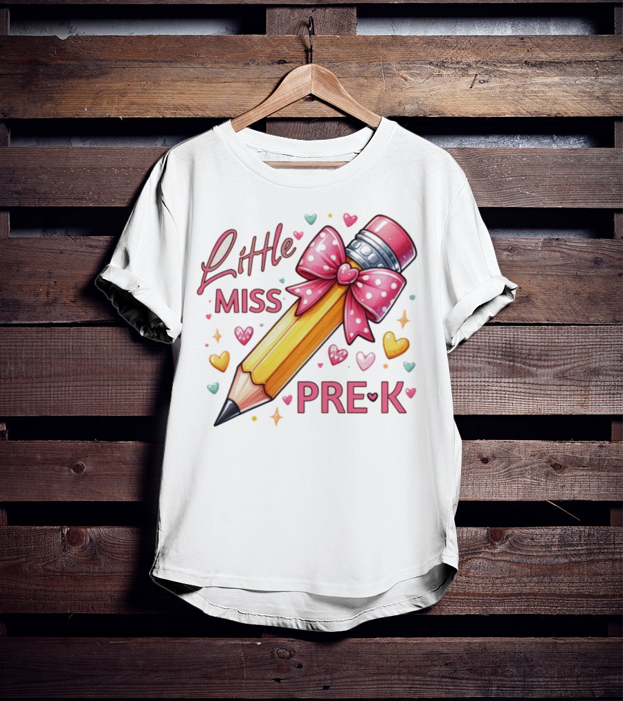 Little Miss Pre-K Pencil With Pink Bow And Hearts T-Shirt