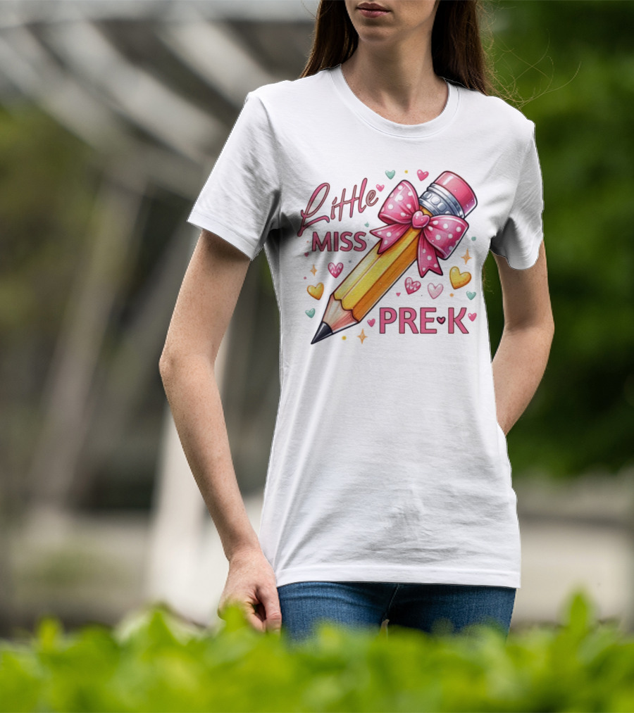 Little Miss Pre-K Pencil With Pink Bow And Hearts T-Shirt
