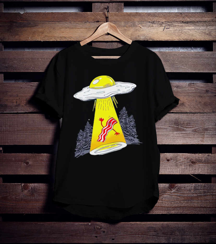 Wonder Nation Alien Breakfast Egg UFO Beaming Up A Walking Bacon Slice In Forest T-Shirt