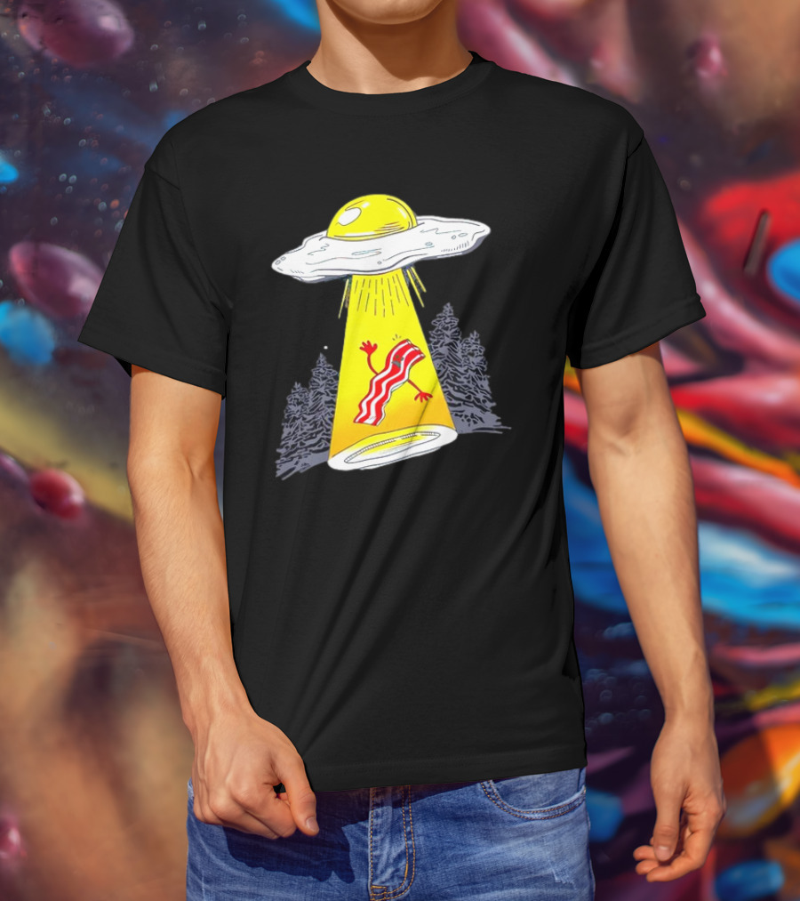 Wonder Nation Alien Breakfast Egg UFO Beaming Up A Walking Bacon Slice In Forest T-Shirt