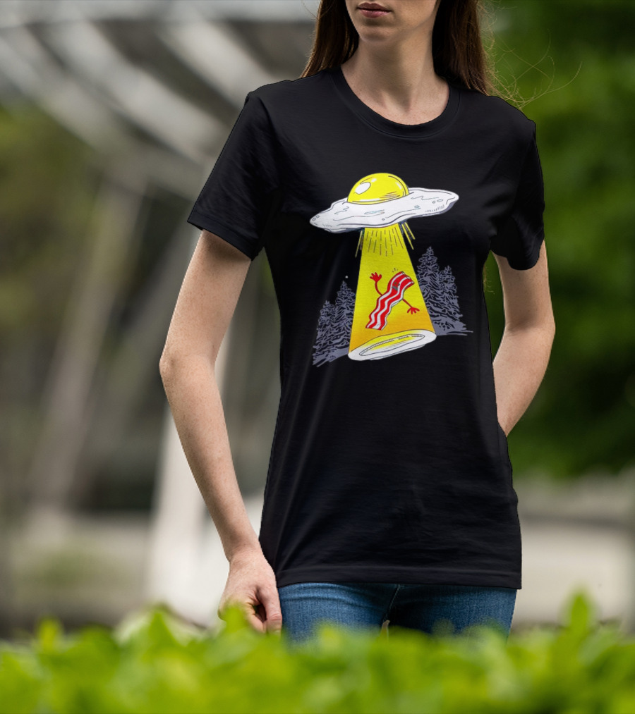 Wonder Nation Alien Breakfast Egg UFO Beaming Up A Walking Bacon Slice In Forest T-Shirt