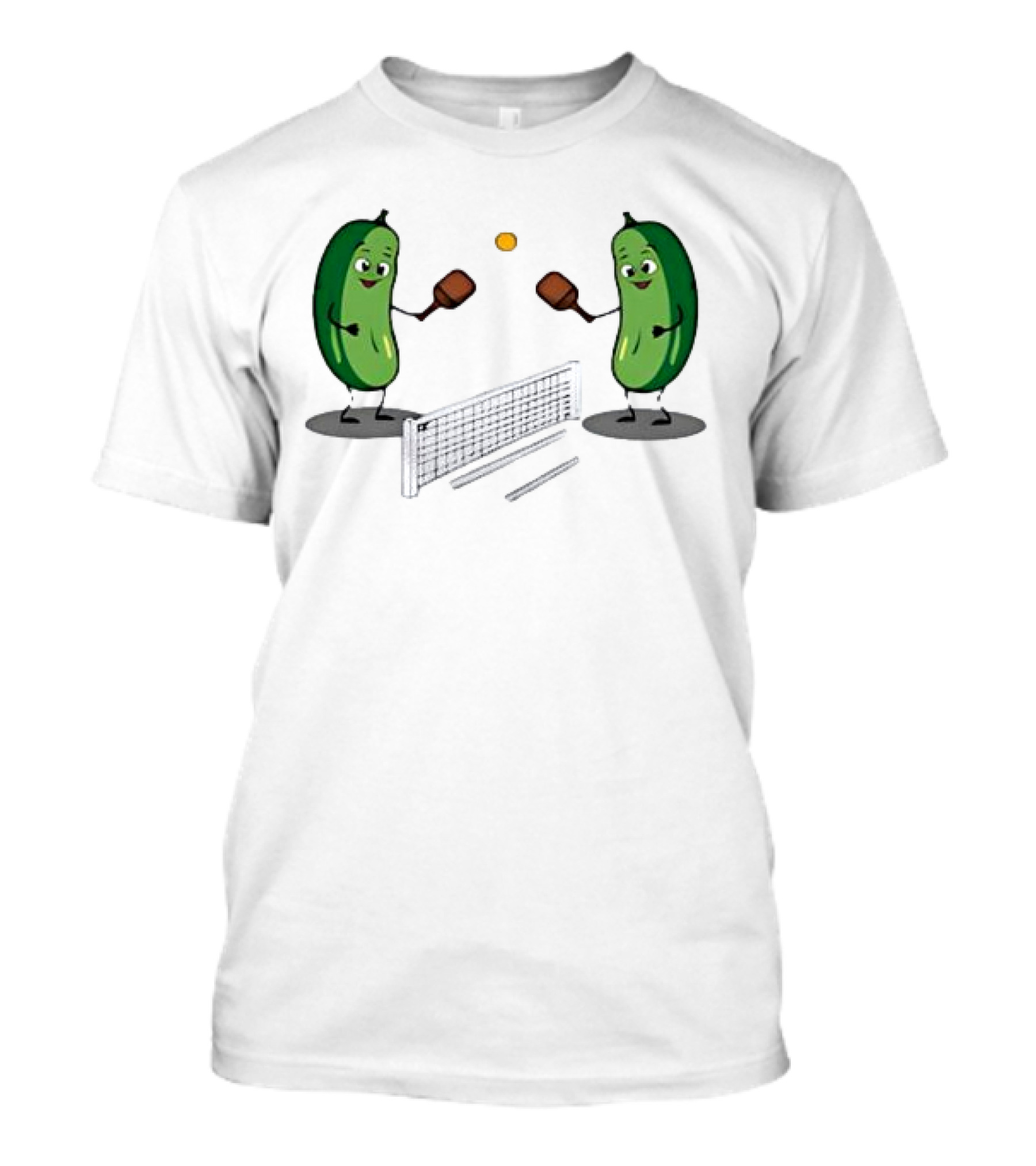 Pickles Playing Pickleball With Smiling Characters And Paddles T-Shirt