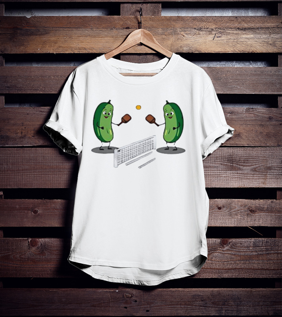 Pickles Playing Pickleball With Smiling Characters And Paddles T-Shirt