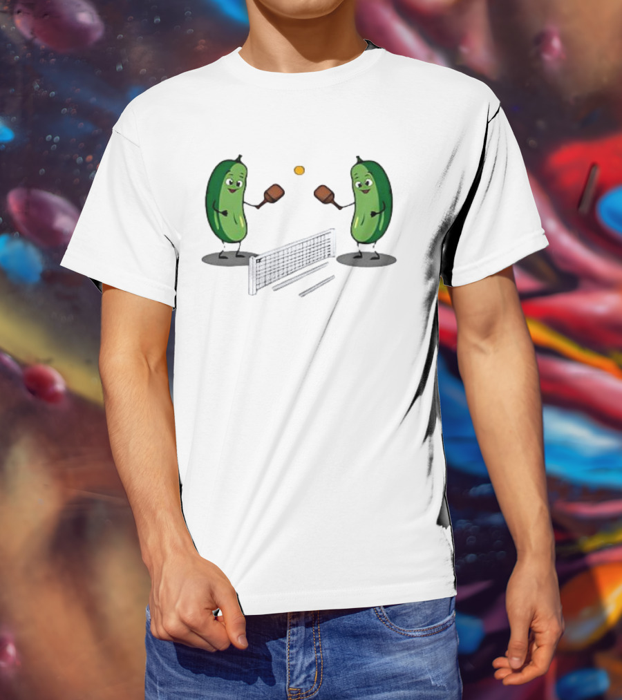 Pickles Playing Pickleball With Smiling Characters And Paddles T-Shirt