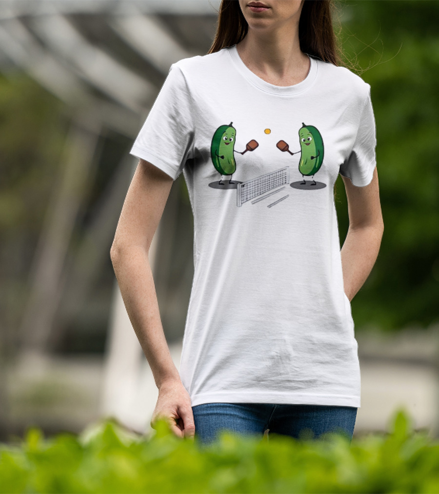 Pickles Playing Pickleball With Smiling Characters And Paddles T-Shirt