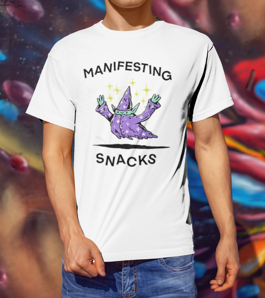 Manifesting Snacks Flying Wizard With Stars T-Shirt