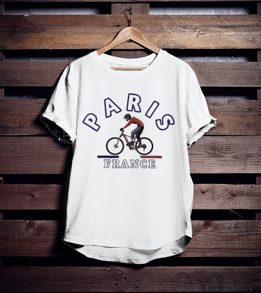 PARIS FRANCE BICYCLE RIDER IN RED AND BLUE T-Shirt