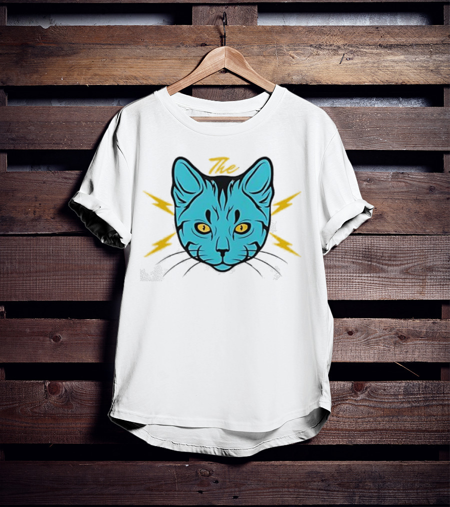 The Cat Thunder Studio Blue Cat Head With Yellow Lightning Bolts T-Shirt