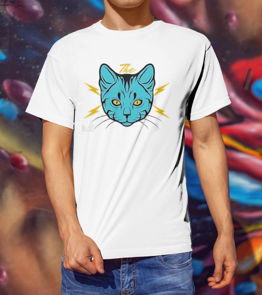 The Cat Thunder Studio Blue Cat Head With Yellow Lightning Bolts T-Shirt