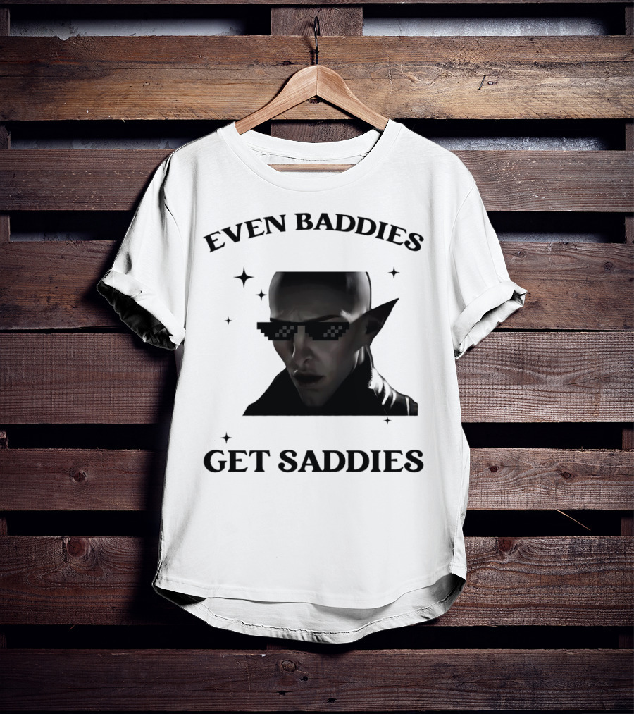 Even Baddies Get Saddies Pixelated Sunglasses Bald Elf Character T-Shirt