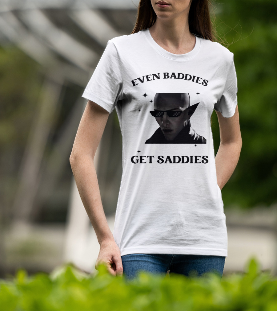 Even Baddies Get Saddies Pixelated Sunglasses Bald Elf Character T-Shirt